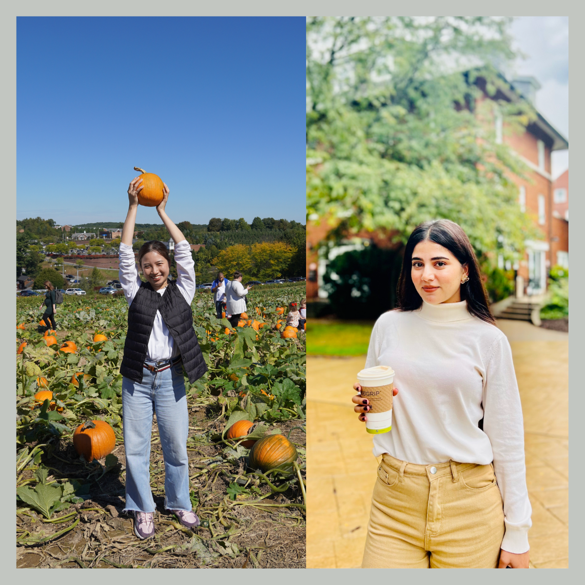 Two photos side by side, a young woman holding a pumpkin in a field and another young woman holding a coffee cup on Shadyside Campus