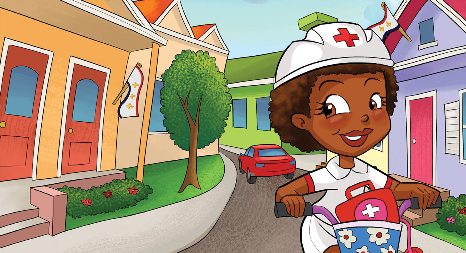 Colorful cartoon of Nurse Nola riding her bike down a residential street wearing a white nursing uniform. 