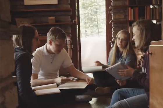 Chatham students in Fallingwater at a creative writing residency