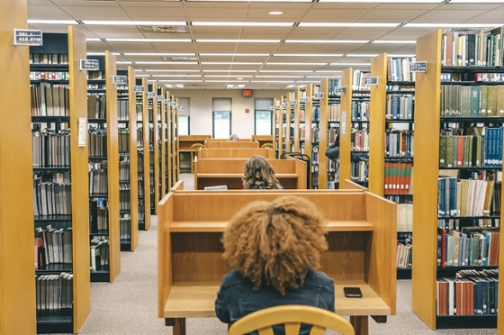 Photo of a student working at wooden cubicles in the aisles between stacks of books at Jennie King Mellon Library on Chatham University's Shadyside Campus. 