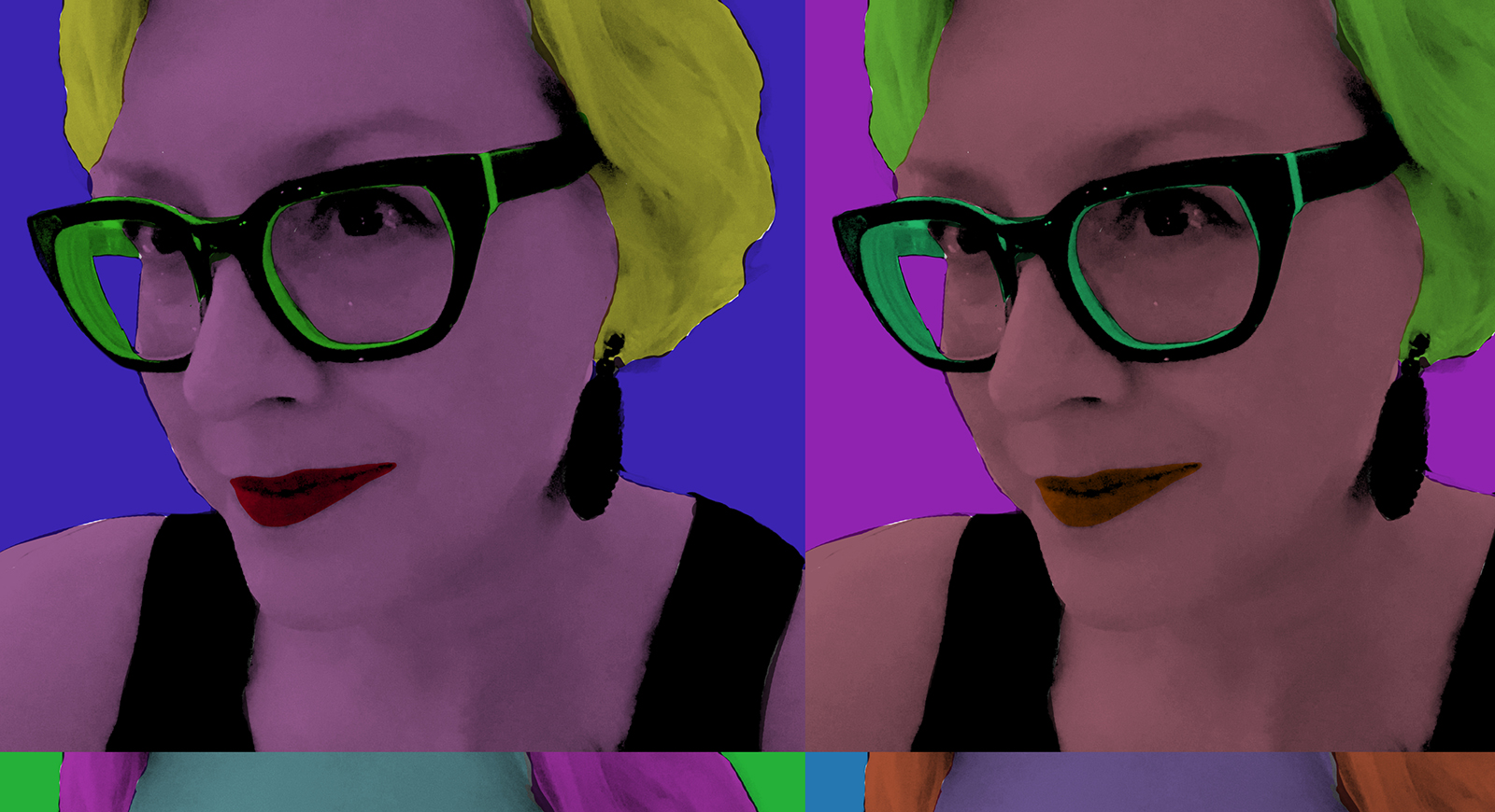 Pop culture-style, colorful photos of a woman in thick glasses