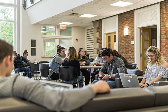 Photo of Chatham University students working on laptops on couches and at tables in an academic building.