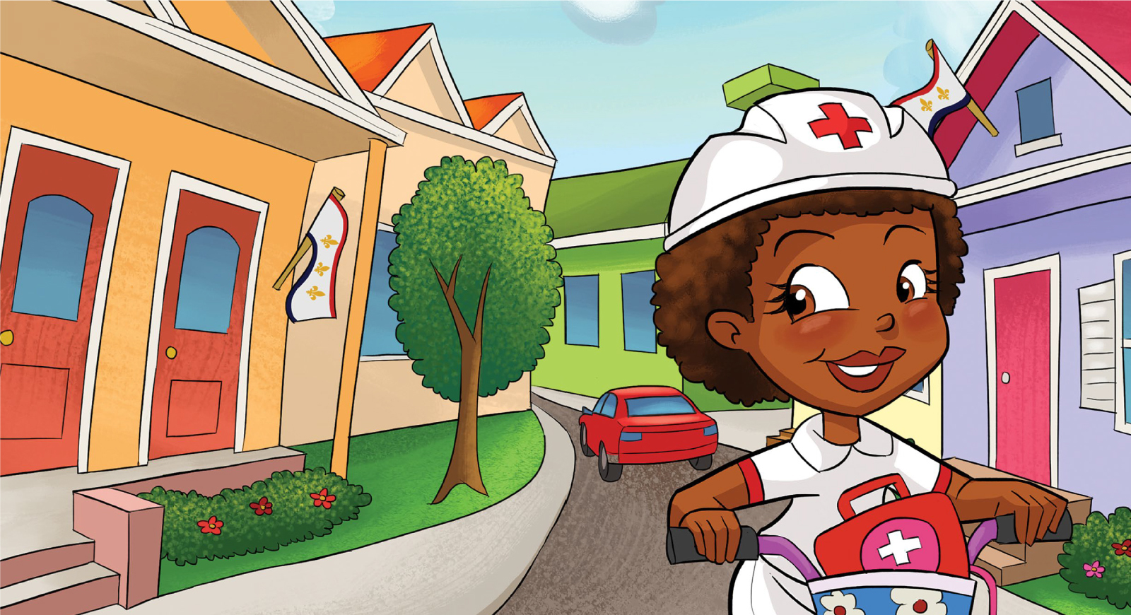 A colorful cartoon of Nurse Nola riding a bike down a street