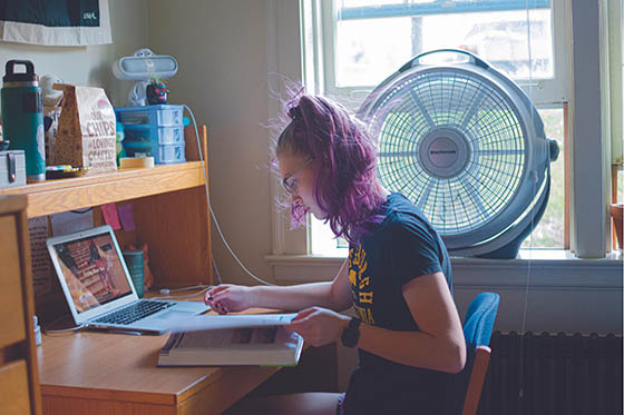 A student sits at a desk in her dorm room working at a computer and looking at a text book
