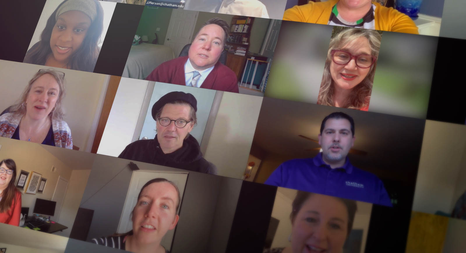 Screenshot from a Zoom call, with grids showing different Chatham University community members