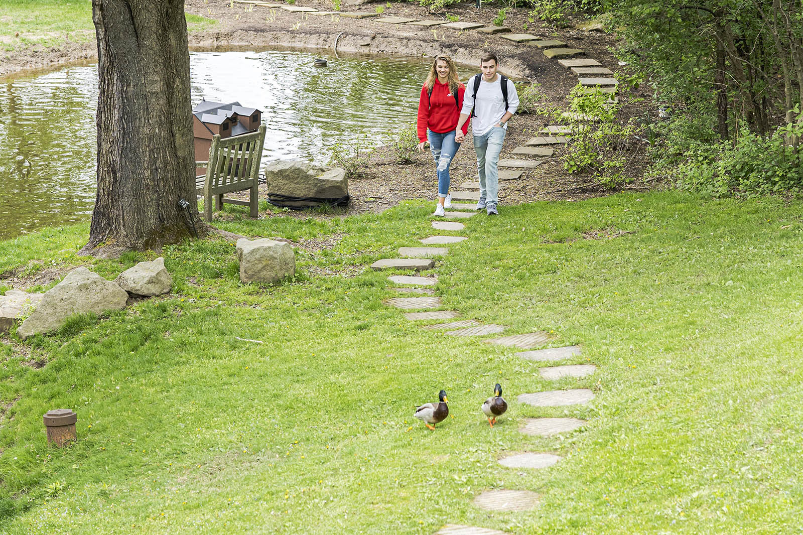 Photo of a young man and woman holding hands, walking along a path by a pond. There are trees and foliage surrounding them.