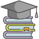 Colorful icon of books with a graduation cap on top