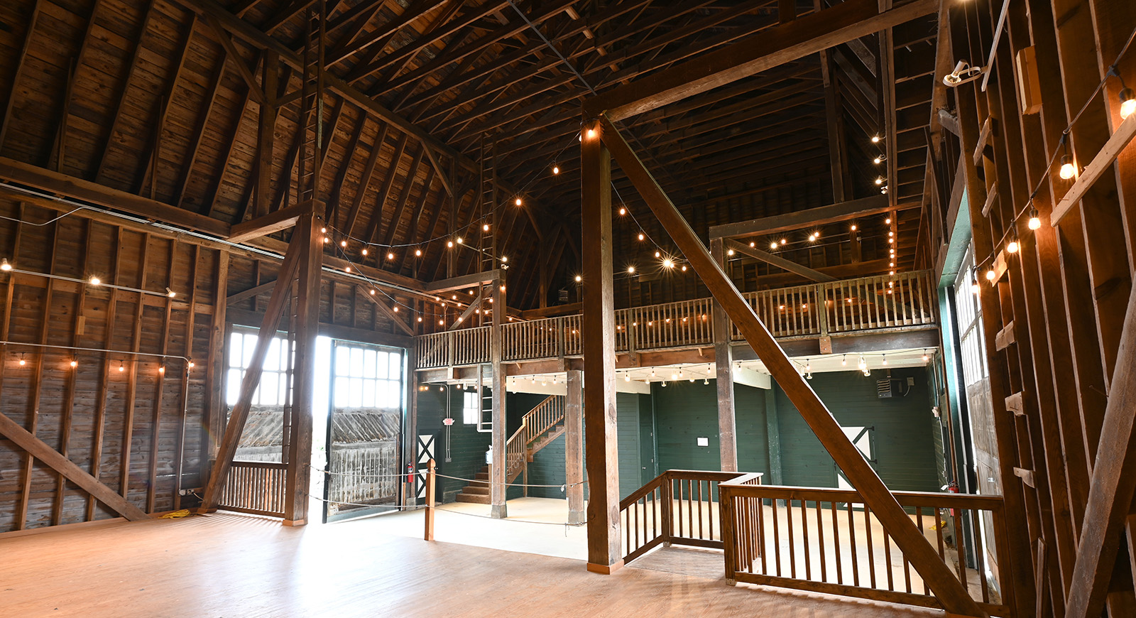 Photo of the interior of the large barn on Chatham's Eden Hall