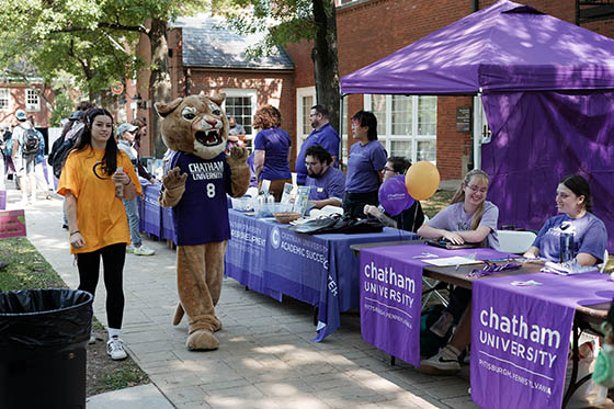 Photo of a group of Chatham University students at an obstacle course in the forest