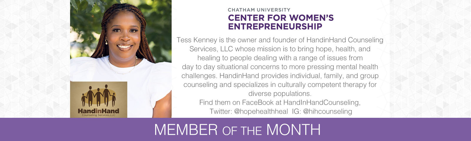Tess Kenney is the owner and founder of HandinHand Counseling Services, LLC whose mission is to bring hope, health, and healing to people dealing with a range of issues from day to day situational concerns to more pressing mental health challenges. HandinHand provides individual, family, and group counseling and specializes in culturally competent therapy for diverse populations. 
Find them on FaceBook at HandInHandCounseling, T Twitter: @hopehealthheal  IG: @hihcounseling