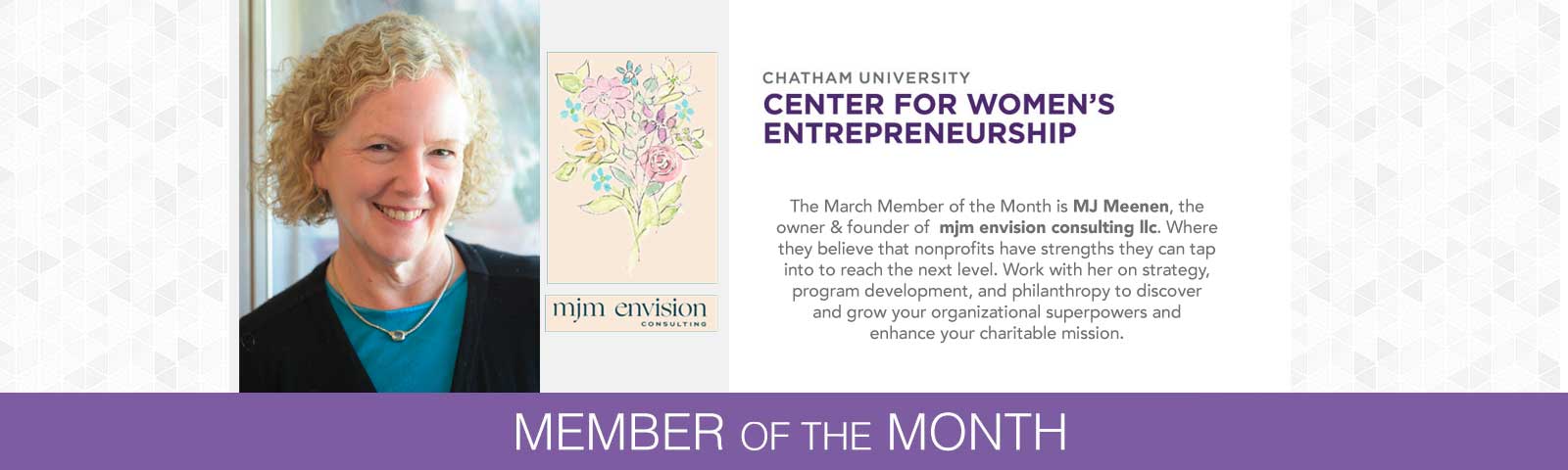 The March Member of the Month is MJ Meenen, the owner & founder of  mjm envision consulting llc. Where they believe that nonprofits have strengths they can tap into to reach the next level.  Work with her on strategy, program development, and philanthropy to discover and grow your organizational superpowers and enhance your charitable mission.